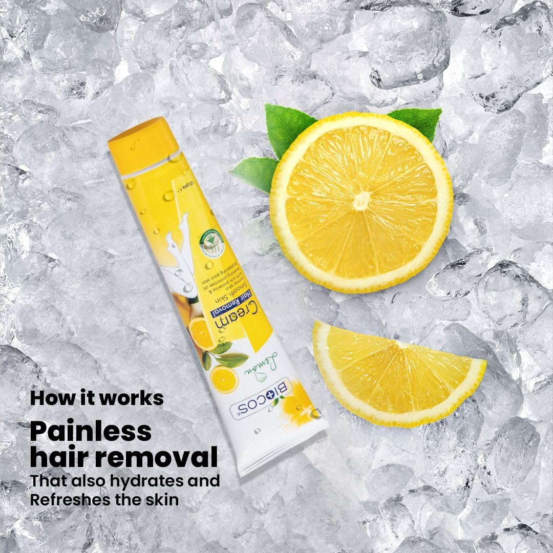 BIOCOS Lemon Hair Removal Cream with Vitamin E – Quick-Acting, Smooth & Hydrating Formula for Men & Women, Painless Depilatory Cream for Delicate & Sensitive Skin – 120ml, (Pack of 2)