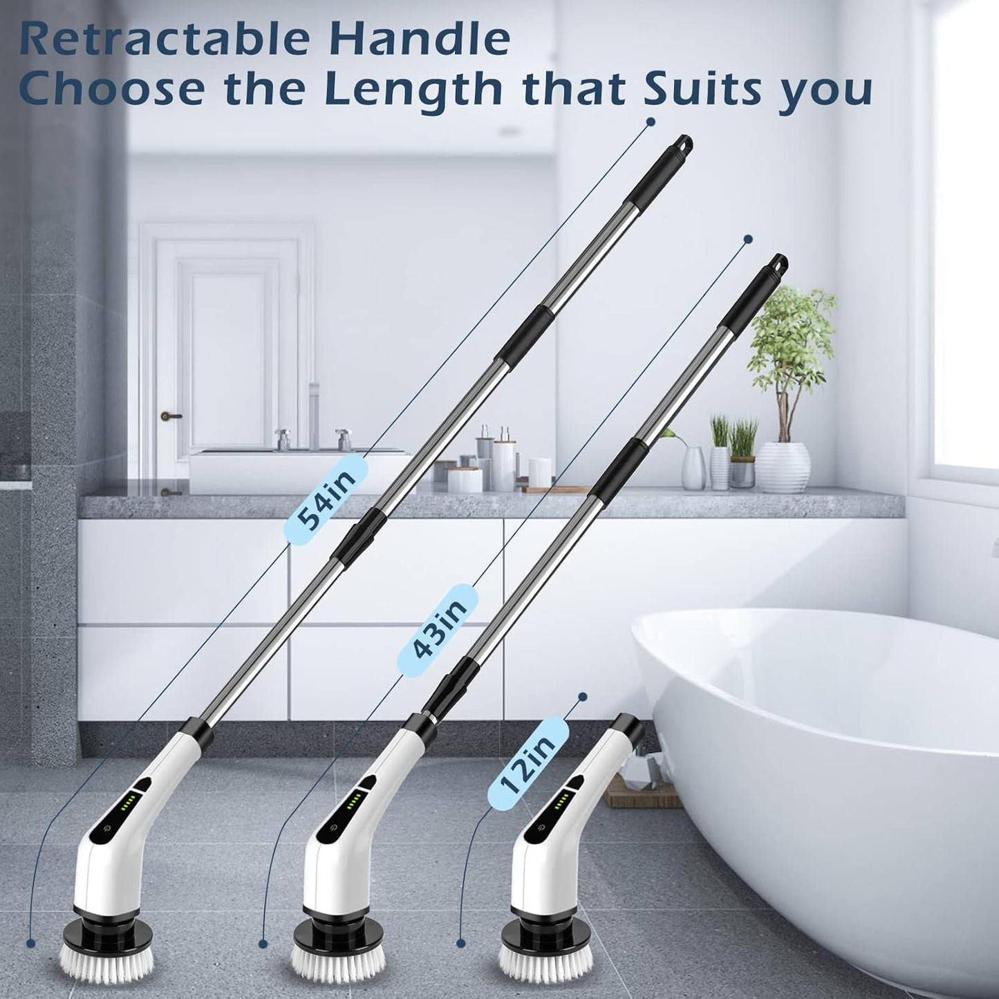 Bomves Cordless Electric Spin Scrubber, Electric Cleaning Brush with 8 Replacement Brush Heads, 90Mins Working Time, 3 Adjustable Handle, 2 Adjustable Speeds for Bathroom Kitchen Bathtub Glass Car
