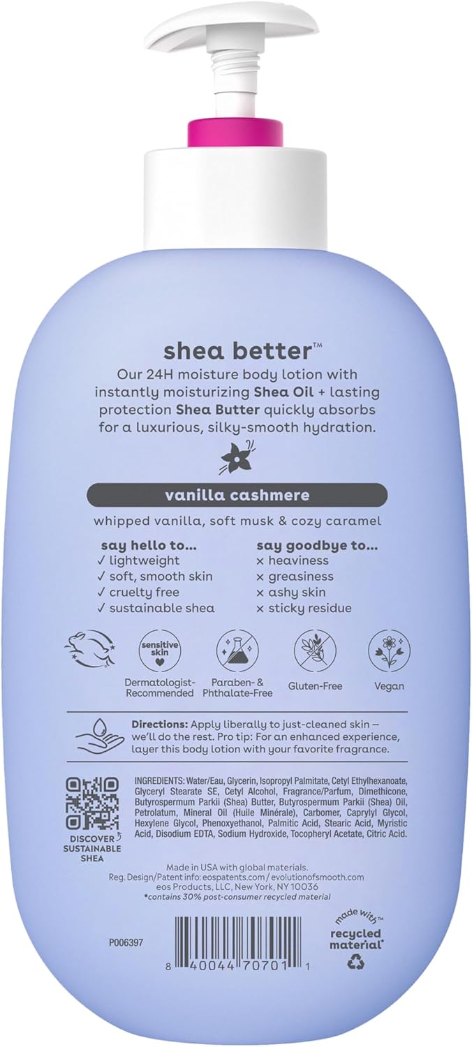 eos Shea Better Body Lotion- Vanilla Cashmere, 24-Hour Moisture Skin Care, Lightweight & Non-Greasy, Made with Natural Shea, Vegan, 16 fl oz