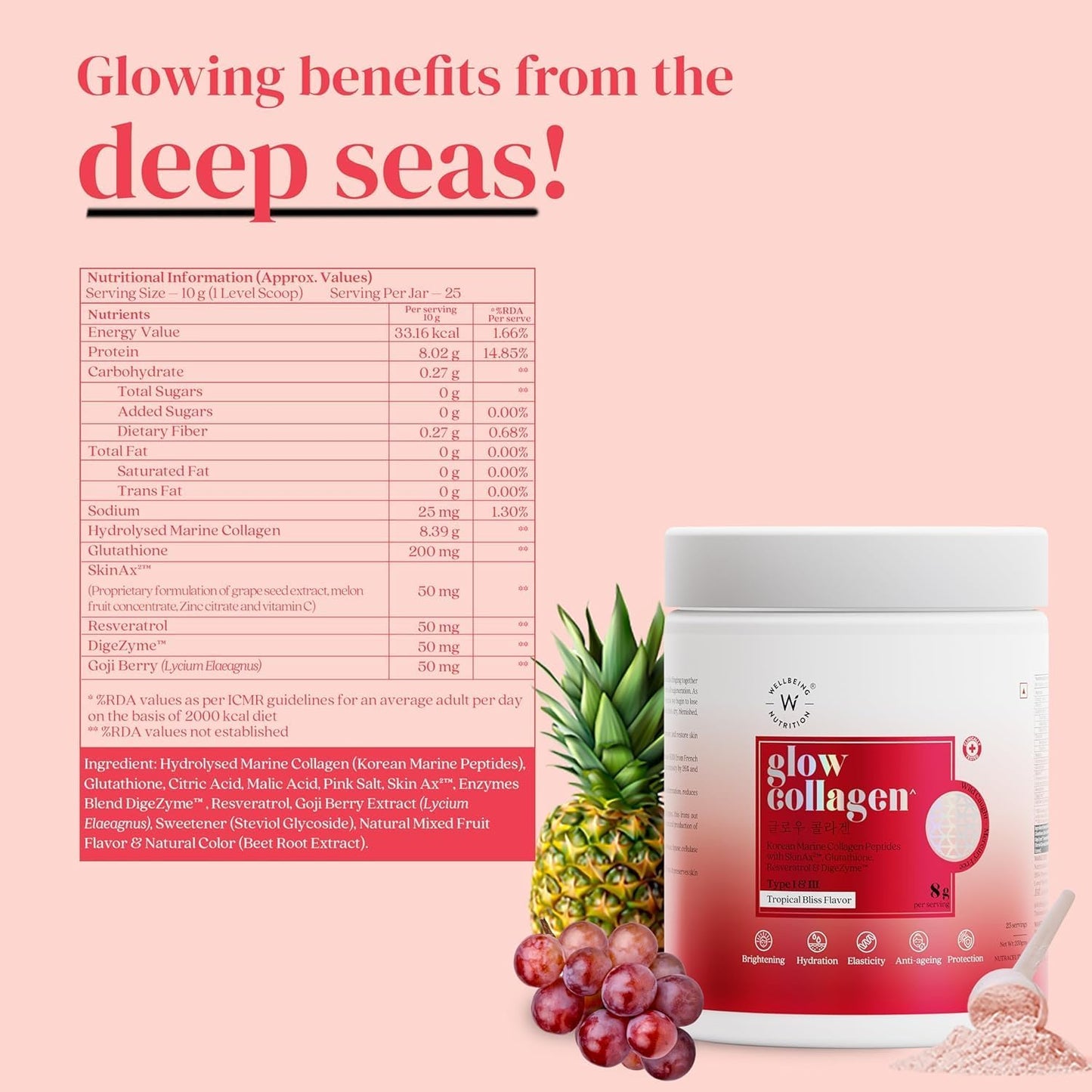 WELLBEING NUTRITION Glow Japanese Marine Collagen Peptides with Skin, Glutathione, Resveratrol, Bromelain & Goji Berry| Tropical Bliss Flavor - 250 g