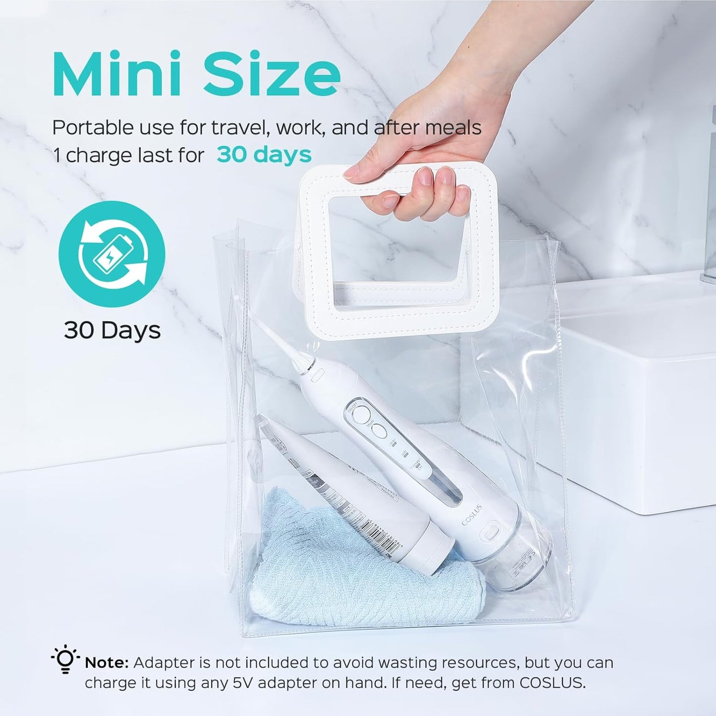 COSLUS Professional Water Flosser For Teeth Braces Gums Care, Cordless Oral Irrigador, Deep Cleaning, Rechargeable, Waterproof, BPA-Free, Portable, Home and Travel, White C20