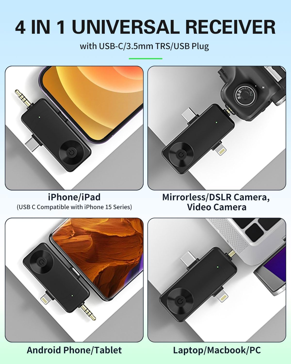 Gicorino Mini Microphone for iPhone Android Camera iPad USB-C, 4 in 1 Professional Wireless Lavalier Lapel Microphone for Recording, Live Stream, YouTube, Facebook, TikTok, Vlog (2 Pcs)