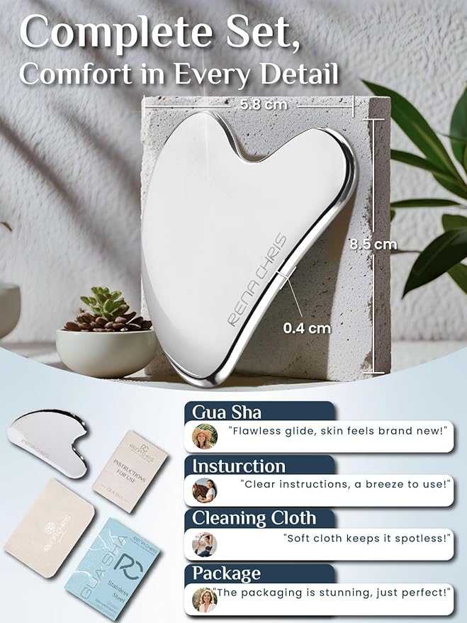 Rena Chris Gua Sha Facial Tools, Stainless Steel Guasha Tool for Acupuncture, Manual Massage Sticks for Jawline Sculpting and Puffiness Reducing, Gua Sha Scraping Massage Tool, Skin-Care Gift(Silver)
