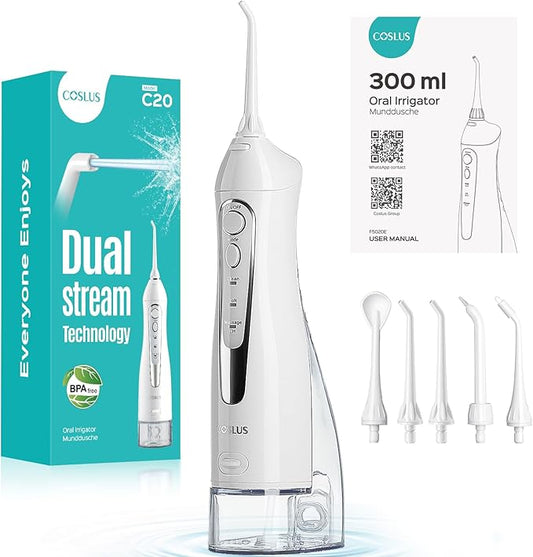 COSLUS Professional Water Flosser For Teeth Braces Gums Care, Cordless Oral Irrigador, Deep Cleaning, Rechargeable, Waterproof, BPA-Free, Portable, Home and Travel, White C20