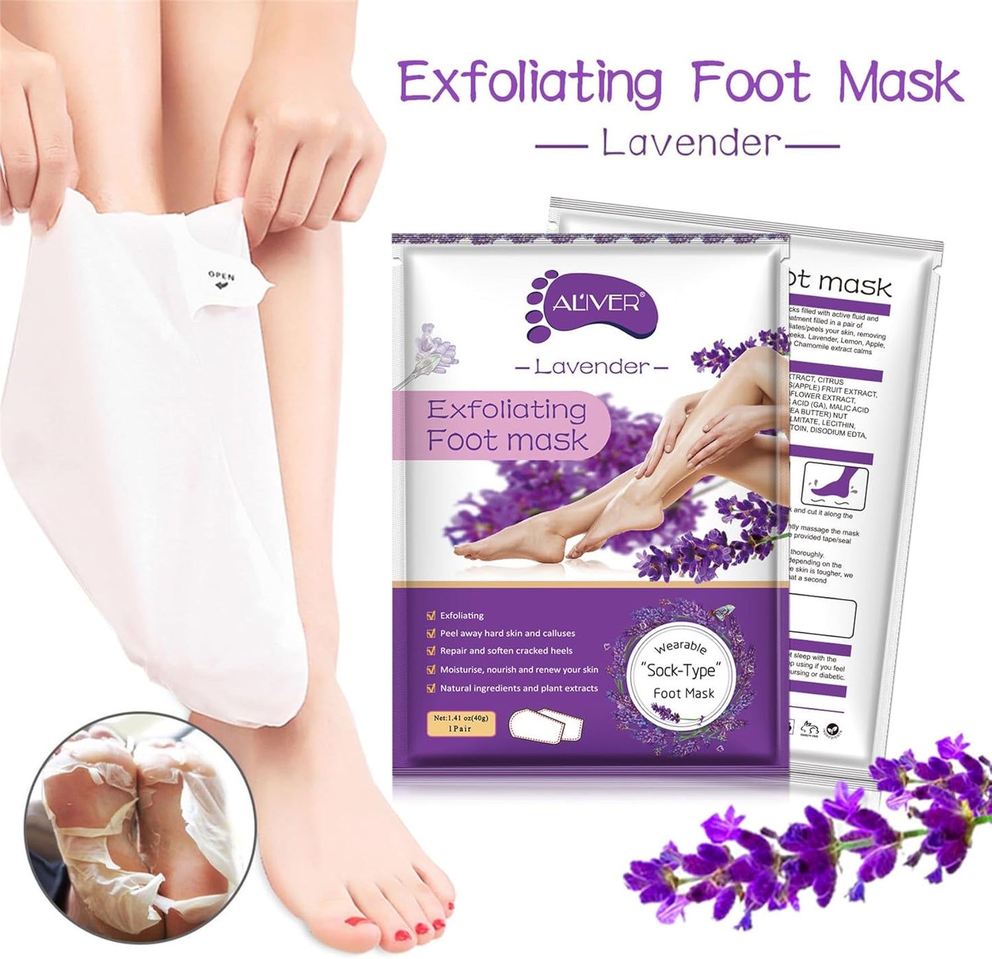 ALIVER Foot Peel Women Exfoliator Peel Off Calluses Dead Skin Mask, Pack of 3 (Lavender)