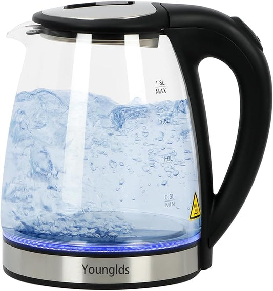Electric Kettle1.8L Transparent Glass Kettle Stainless Steel Tea Kettle 1500W Fast Boiling Water Heater,BPA-Free Hot Water Boiler with Auto Shut-Off,Easy to Clean,LED Indicator,Perfect for Home,Office