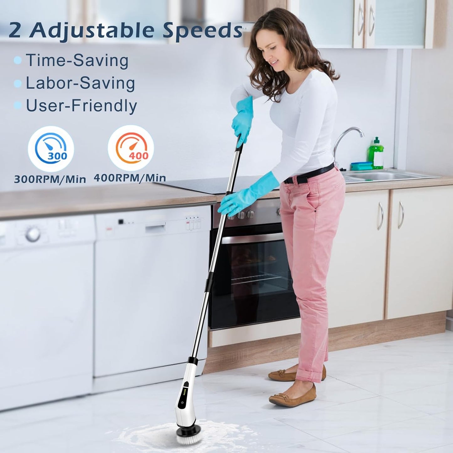 Bomves Cordless Electric Spin Scrubber, Electric Cleaning Brush with 8 Replacement Brush Heads, 90Mins Working Time, 3 Adjustable Handle, 2 Adjustable Speeds for Bathroom Kitchen Bathtub Glass Car