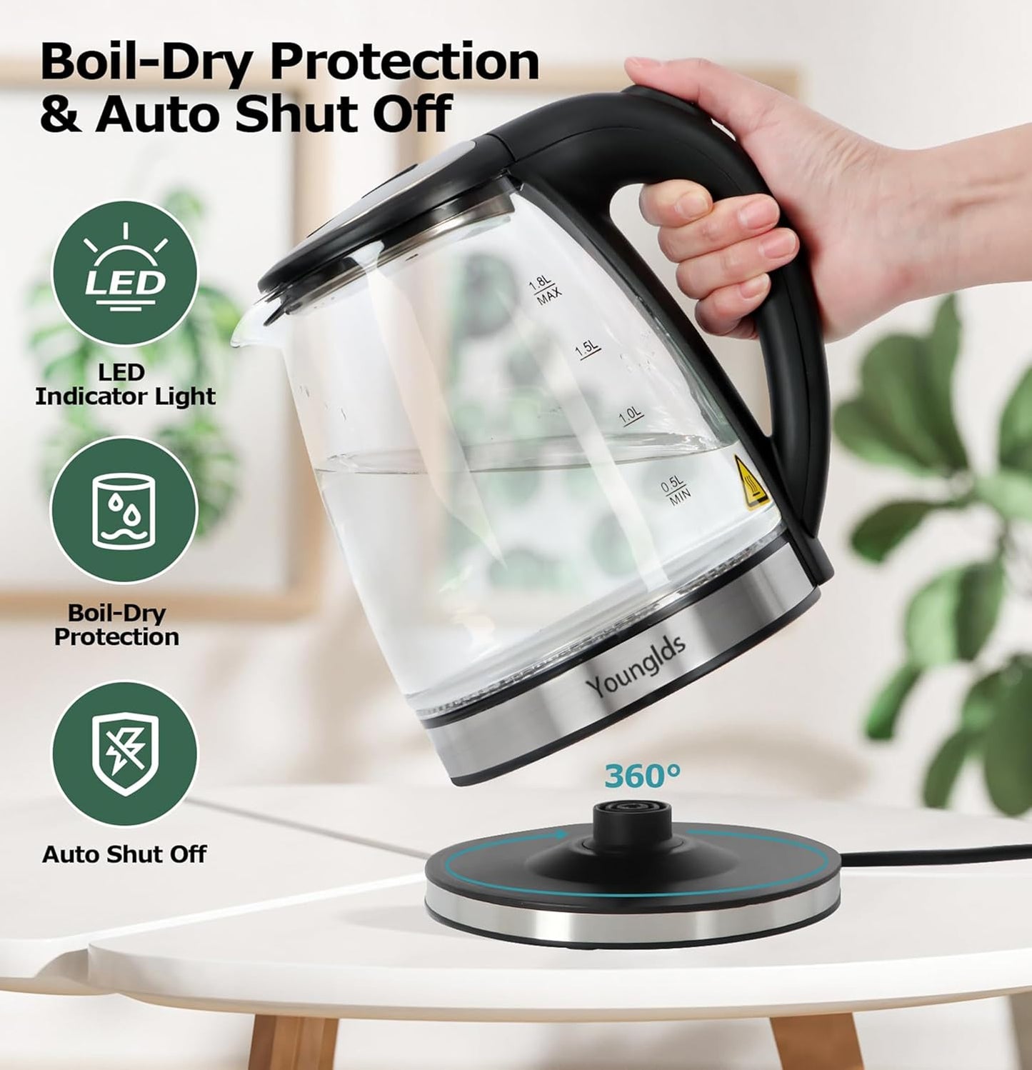 Electric Kettle1.8L Transparent Glass Kettle Stainless Steel Tea Kettle 1500W Fast Boiling Water Heater,BPA-Free Hot Water Boiler with Auto Shut-Off,Easy to Clean,LED Indicator,Perfect for Home,Office
