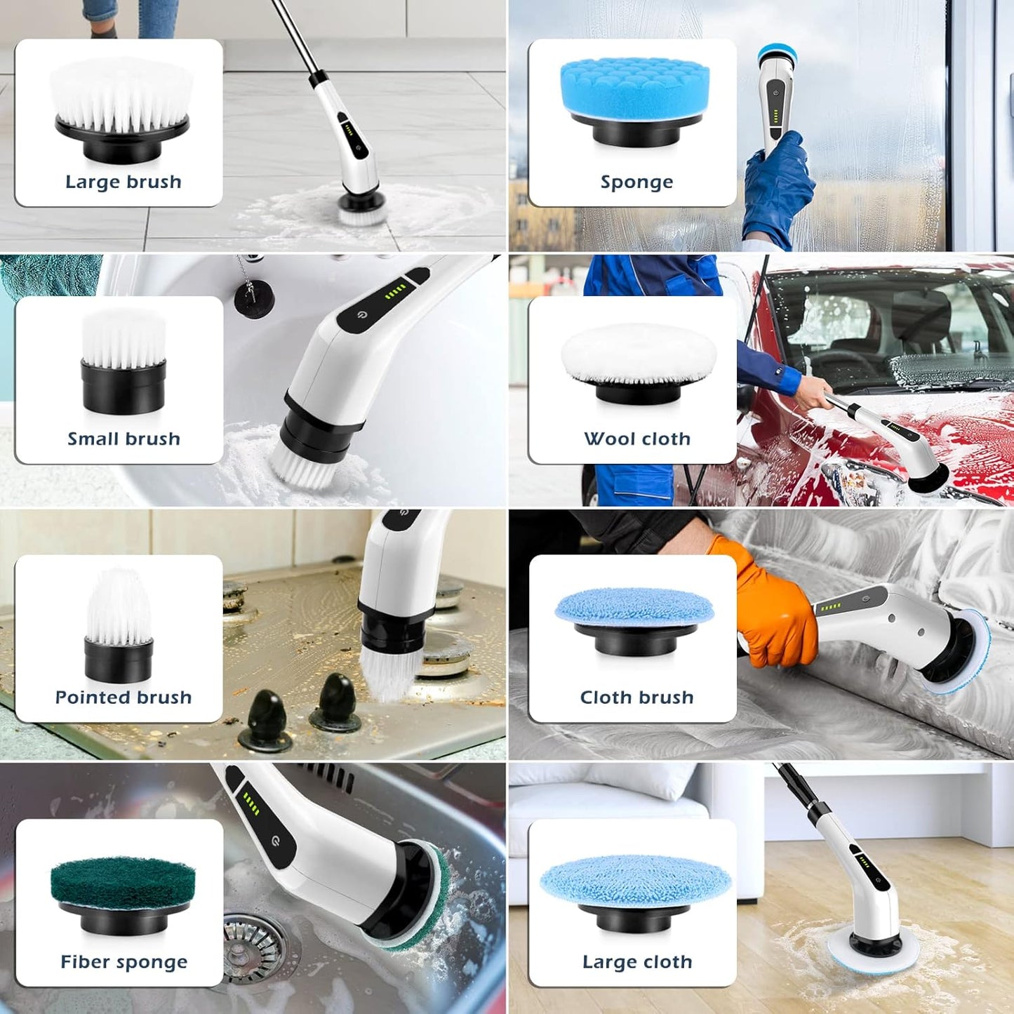 Bomves Cordless Electric Spin Scrubber, Electric Cleaning Brush with 8 Replacement Brush Heads, 90Mins Working Time, 3 Adjustable Handle, 2 Adjustable Speeds for Bathroom Kitchen Bathtub Glass Car