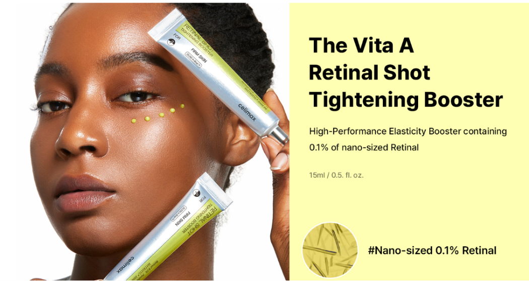 Woman holding a skincare product with text about 'The Vita A Retinal Shot Tightening Booster' on a yellow background.