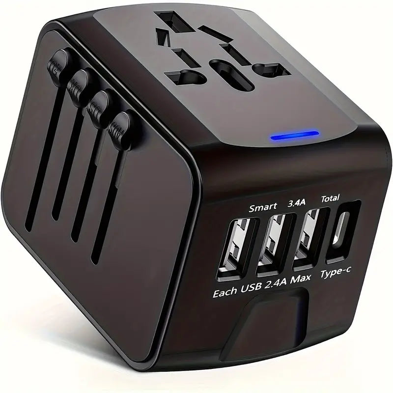 Travel Adapter Worldwide, Travel Plug Adapter Worldwide With Type C 3 USB Ports And AC Socket, Universal Travel Plug Adapter For Travel, Black