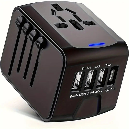 Travel Adapter Worldwide, Travel Plug Adapter Worldwide With Type C 3 USB Ports And AC Socket, Universal Travel Plug Adapter For Travel, Black